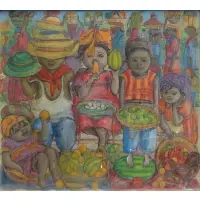 Alix Roy, Alix Roy, Haitian, b, Oil/Canvasboard of Children in a Fruit Market