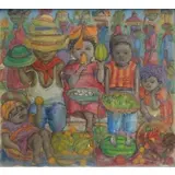 Alix Roy, Alix Roy, Haitian, b, Oil/Canvasboard of Children in a Fruit Market