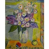 Jehudith Sobel, O/C Still Life with Flowers & Ladybug