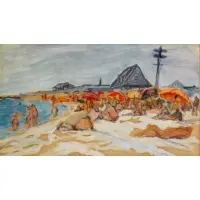 Bernard Gussow, Ocean Grove, 1938 Watercolor "Ocean Grove" Beach Scene