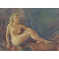 Aldo Giordani, Italian, 20th C. Dimensions: 26" high x 36" wide by Aldo Giordani, Oil on Canvas of a Blonde Nude, sold Feb 2013