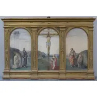 Veronica De Matteis, La Crocifissione, 19th C. Triptych Watercolor "La Crocifissione" in original tabernacle frame