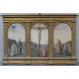 Veronica De Matteis, La Crocifissione, 19th C. Triptych Watercolor "La Crocifissione" in original tabernacle frame