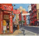 Kathleen Piunti, Village Cigars., Watercolor "Village Cigars." Chistopher Street, New York scene