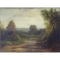 Rinkeley, Untitled, , T.W. Oil on Panel of Fisherman in Landscape