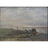 Charles Edwin Lewis Green, Old Boston, Mass framer's label verso, Oil on Canvas of Seaweed Gatherers