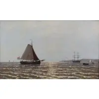 George J Hoffmann, Georges Johannes Hoffmann, Dutch, 1833 - 1873, Oil on Canvas of Boat at Dutch Harbor