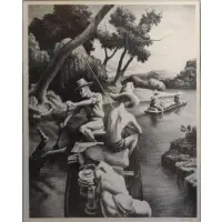 Down the River. by Thomas Hart Benton, Lithograph "Down the River." Pencil signed lower right, sold Dec 2012