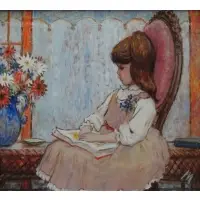 Harry Myers, M, Oil/ Masonite of Young Girl Reading a Book