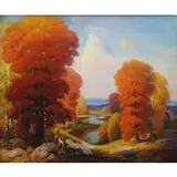 Anthony Cucchi, Anthony Cucchi, American, fl, Oil on Canvas Autumn Landscape with Boy, Dog & Flock of Sheep