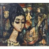 Enrico Campagnola, Femme Avec Guitare., Oil on Canvas "Femme Avec Guitare." Signed upper right