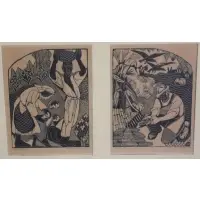 Corn Husking by Helen West Heller, 2 Woodcuts, sold Nov 2012