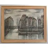 Gustavo Novoa, Cityscape with Bridge, Crayon on Paper
