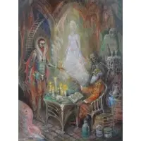 Jonah Kinigstein, Faust and Mephistopheles., Oil on Panel "Faust and Mephistopheles." Signed lower right