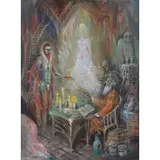 Jonah Kinigstein, Faust and Mephistopheles., Oil on Panel "Faust and Mephistopheles." Signed lower right