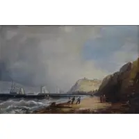George Yarnold, Old label verso, Oil on Canvas Coastal Scene with Figures