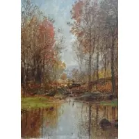 Jasper Francis Cropsey, Autumn Landscape with Bridge., Oil on Canvas "Autumn Landscape with Bridge." Signed and dated 1878 lower right