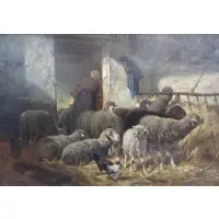 Charles Emil Jacques, Charles Emil Jacques, French 1813 - 1894, Oil on Canvas of Sheep & Figure in a Barn