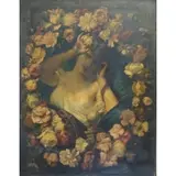 Benedict Masson, Trompe L' Oeil O/C of a Beauty Among Flowers