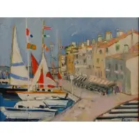 Gilles Gorriti, Wally Findlay Galleries label verso, Oil on Canvas Harbor Scene