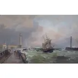 Robert E Roe, O/B of Stormy Harbor Scene, Inscribed in pencil verso
