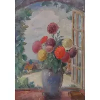 Bernard Gussow, Bernard Gussow, Russian-American 1881 - 1957, Oil on Canvas Floral Still Life on Windowsill