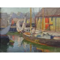 Jane Peterson, Oil sketch, Oil on Board of Harbor Scene