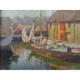 Jane Peterson, Oil sketch, Oil on Board of Harbor Scene