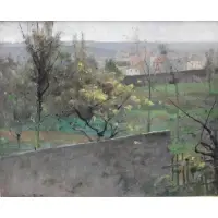 Robert Legrand Johnstone, A beautiful impressionist landscape with houses, Oil on Canvas