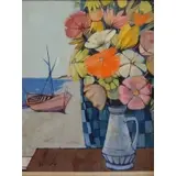 Charles Levier, O/C Still Life Bouquet and Boat through Window