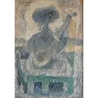 Omar El Nagdi, Untitled, 1961 Oil & Sand on Masonite "Le Menestrel."Signed and dated upper left