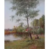 In the original gilded frame by Ernest Parton, Oil on Canvas of a Girl by a Pond, sold Mar 2012