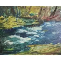 Bill Steeves, Bill Steeves, American, 20th C. From a storage warehouse, Oil on Canvas of a Riverbank