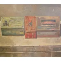 Mauel Hughes, Manuel Hughes, African American, 20th C. From a storage warehouse, Oil on Board Still Life of Cigarette Tins