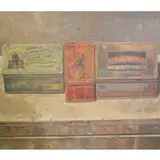 Mauel Hughes, Manuel Hughes, African American, 20th C. From a storage warehouse, Oil on Board Still Life of Cigarette Tins