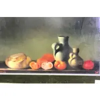 M.W Huggins, M.W. Higgins, Oil on Canvas Still Life with Fruits and Jugs