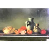 M.W Huggins, M.W. Higgins, Oil on Canvas Still Life with Fruits and Jugs
