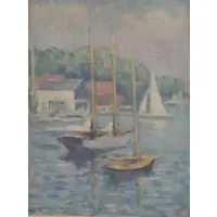 Edmund Greacen, Untitled, Oil/Canvas Board Boats in Harbor