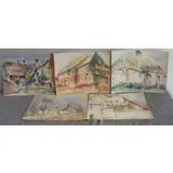 Natan Korzeń, Untitled, 5 Watercolors of Village Scenes