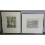 Mortimer Borne, Cornfields and willow, 2 Pencil Signed Etchings