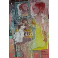 Omar El Nagdi, Le Chat Blanc., Oil on Canvas "Le Chat Blanc." Signed and dated 1998 lower right