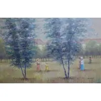 Jean Daumier, Vintage, Oil on Canvas of Women in a Field