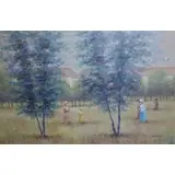 Jean Daumier, Vintage, Oil on Canvas of Women in a Field