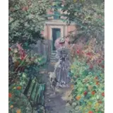 Hans Becker, Impressionist O/C Woman & Dog in Garden