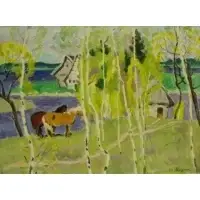 Moisey Kogan, O/C Rural Landscape with Horses