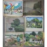 Joseph Newman, Includes three coastal scenes, two country and one beach scene with umbrellas, 6 Oil on Canvas Landscapes and Village Scenes