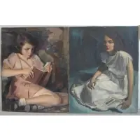 Untitled by Joseph Newman, 2 Oils on Canvas of Seated Girls, sold Oct 2011