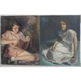 Joseph Newman, Untitled, 2 Oils on Canvas of Seated Girls
