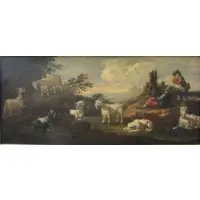 J.H Roos, Old Master O/C Landscape with Shepherds, Goats, and Dog