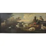 J.H Roos, Old Master O/C Landscape with Shepherds, Goats, and Dog